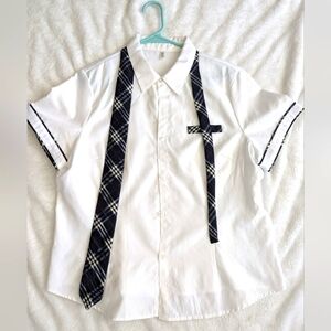Women's XL white button up top blouse with plaid school girl tie sexy